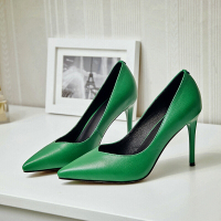 品牌女鞋新款绿色尖头高跟鞋女牛皮细高跟浅口性感黑色工作鞋单鞋