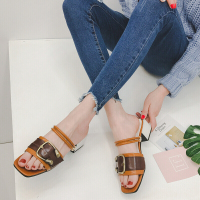 品牌女鞋欧美风新款漆皮露趾高跟拖鞋韩版女少女粗跟沙滩平底坡跟鞋防滑厚底松糕鞋一字拖潮