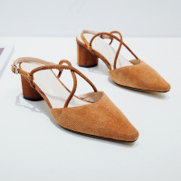 品牌女鞋新款欧美包头尖头凉鞋羊皮交叉绑带女鞋女平底英伦风中跟一字扣带镂空浅口女鞋