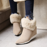 2017秋冬兔毛真皮坡跟高跟雪地靴女短靴棉靴厚底休闲棉鞋百搭韩版
