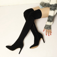 羊翻皮新款过膝靴显瘦性感弹力长靴高跟细跟尖头靴子瘦腿女靴子