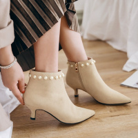 尖头珍珠单靴细跟短靴女性感女靴子文艺复古裸靴及踝靴显瘦鞋