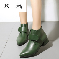 短靴秋冬女2017欧美新款尖头马丁靴魔术贴扣带中跟百搭女皮靴