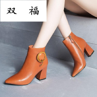 秋冬新款欧洲站时尚真皮短靴粗跟中高跟简约加绒皮靴女靴靴子