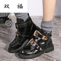 靴子女秋冬款2017百搭复古英伦短筒学生粗跟圆头皮带扣保暖马丁靴