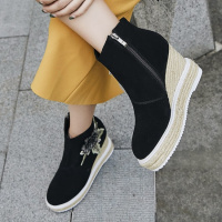 真皮坡跟秋冬时尚气质靴子保暖短靴牛皮短筒女靴磨砂皮新款女靴子