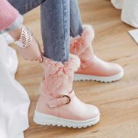 秋冬兔毛厚底平底带毛毛加绒加厚白色雪地靴内增高女短靴粉色棉鞋