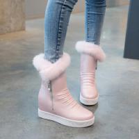 冬季加绒加厚保暖平底雪地靴厚底内增高短筒靴粉色中筒靴棉鞋女冬