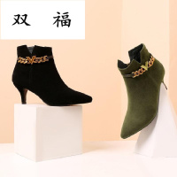 欧洲站2017秋冬新款真皮磨砂短靴女细跟低跟尖头裸靴金属加绒靴子