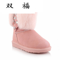 2017冬季甜美加绒羊毛雪地靴女韩版水钻短筒平底翻毛保暖兔毛棉鞋女