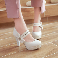 韩版春秋新款浅口单鞋女粗跟圆头蝴蝶结高跟鞋魔术扣带防水台女鞋