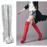 夜店情趣漆皮女鞋尖头长靴女靴13CM超高跟细跟过膝靴防水台银色靴