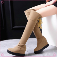 2017时尚新款靴子女春秋长靴坡跟内增高高跟女靴韩版磨砂蕾丝单靴