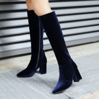 2017秋冬季长靴女鞋高跟粗跟长筒靴英伦天鹅绒高筒靴骑士靴女靴子