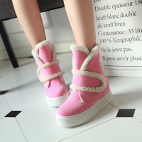 甜美学生女鞋韩版粉色休闲女靴冬季保暖短筒靴圆头高跟中帮雪地靴