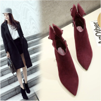 2017秋冬新款尖头细跟磨砂短靴女高跟真皮靴子时尚气质约会女靴