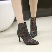 2017新款尖头短靴粉色高跟马丁靴细跟秋冬女靴子粉色伴娘靴裸靴子