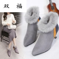 高跟靴子女秋冬2017欧美百搭拼色马丁靴女舒适保暖真兔毛尖头短靴