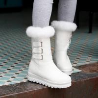 2017秋冬新款中筒靴女欧美圆头厚底内增高皮带扣兔毛加厚雪地靴潮