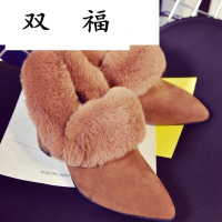 女鞋冬季欧美2017新款短靴女粗跟马丁靴加绒高跟尖头兔毛靴子棉鞋