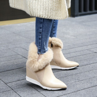 韩版2017秋冬真皮坡跟兔毛短靴女尖头拼接时尚靴子新款休闲女靴紫杏色[头层牛皮]