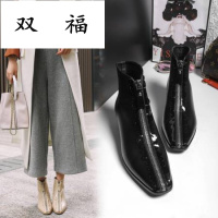 2017秋冬新款欧美时尚潮流中跟粗跟舒适休闲真皮前拉链花边短靴女