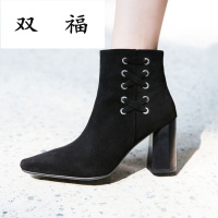 2017秋冬新款欧美时尚潮流气质真皮磨砂短靴粗跟中高跟系带皮靴女