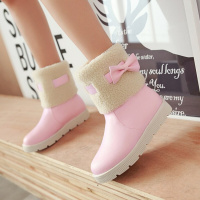 冬季平底蝴蝶结带毛毛加绒加厚保暖雪地靴粉色短靴女靴子短筒棉鞋