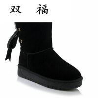 2017冬季新款后系带加绒棉鞋女加厚保暖防滑雪地靴平底羊皮毛一体中筒靴子女