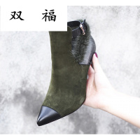 2017秋冬新款欧美时尚潮流个性高跟细跟尖头皮带扣短靴女靴皮靴 军绿色 34