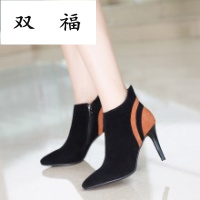 2017秋冬新款欧美时尚气质真皮磨砂短靴细跟高跟拼色皮靴女靴