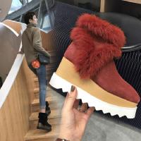 2017秋冬季新款真皮坡跟短筒雪地靴女防滑兔毛高跟短靴牛皮女靴子