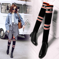 过膝长靴瘦腿袜子靴弹力靴女平底休闲韩版2017春秋冬新款毛线长筒黑色