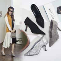 春夏季新款真皮女鞋V口尖头浅口细跟水钻纱网单鞋镂空高跟鞋子