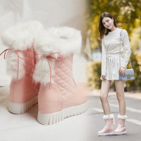 秋冬兔毛厚底甜美带毛毛加绒加厚白色雪地靴内增高女短靴粉色棉鞋