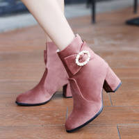 秋冬短靴女2017新款时尚蝴蝶结粗跟高跟骑士靴大小码女靴低筒靴子