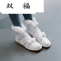 冬季新款手工头层牛皮雪地靴女平底百搭时尚兔毛短靴魔术贴加厚保暖大码40棉鞋