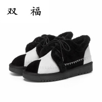 2017时尚休闲真皮磨砂雪地靴女羊羔毛平底圆头系带拼色乐福鞋女鞋