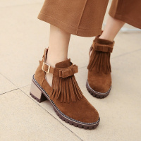 女鞋皮带扣短靴流苏学生短筒粗跟中跟马丁靴磨砂后拉链青年靴子