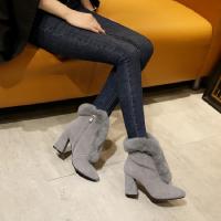 秋冬季新款兔毛靴磨砂翻皮尖头鞋高跟粗跟短筒及踝靴欧美真皮短靴