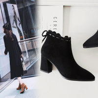 短靴同款杨-幂粗跟高跟鞋真皮尖头系带蝴蝶结马丁靴羊皮踝靴