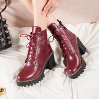 马丁靴女短靴秋冬新款侧拉链系带女靴子学生粗跟高跟单靴裸靴大码黑色(冬季加厚毛)