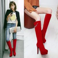 红色结婚鞋新娘鞋女性跟细跟高跟及膝长靴侧拉链尖头马丁靴女靴子