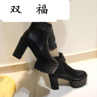 2017仿羊羔毛英伦圆头短靴高跟粗跟短靴棉鞋后拉链高跟马丁靴女靴棕色