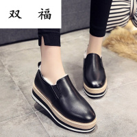 2017冬季新款加棉加绒圆头厚底松糕跟内增高套脚防滑懒人鞋女鞋