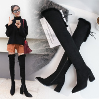 过膝长靴长筒靴子女冬款2017新款高跟气质时尚显瘦高筒毛领女靴子