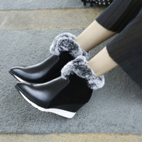 欧洲站真皮拼接短靴秋冬季新款女靴坡跟短筒及踝靴尖头短靴女靴子