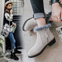 秋季2017新款短靴女英伦少女马丁靴低跟真皮女鞋毛领磨砂牛皮靴子