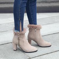 兔毛鞋冬靴子保暖雪地靴真皮高跟女靴粗跟短靴欧美马丁靴骑士靴