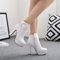 防水台潮甜美粗跟短靴秋冬靴新款女鞋靴子磨砂欧美骑士靴高跟韩